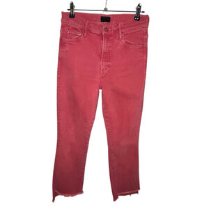MOTHER Faded Red Frayed Raw Hem Straight Leg Cropped Denim Jeans